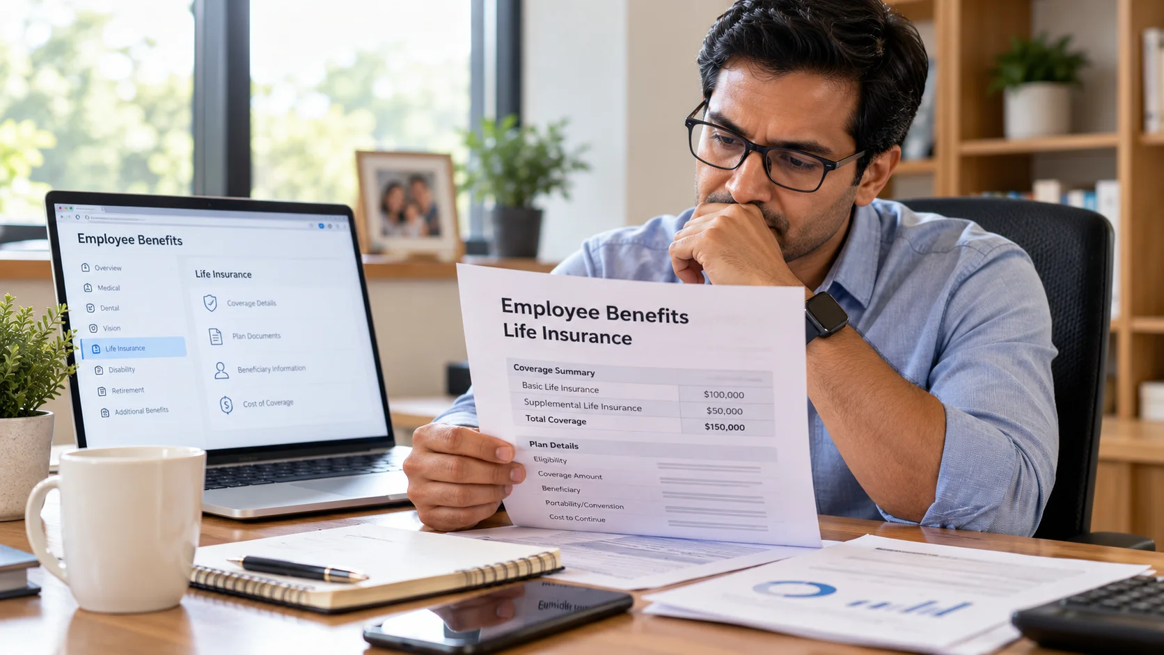 Employee reviewing workplace life insurance benefits and coverage information on a laptop at a home office.
