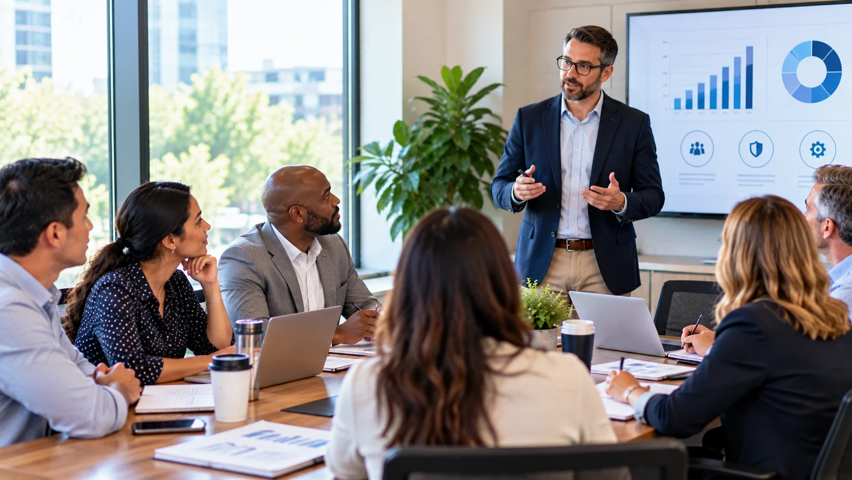 Diverse American business leaders and HR professionals reviewing employee benefits strategy and workforce growth plans in a modern office.