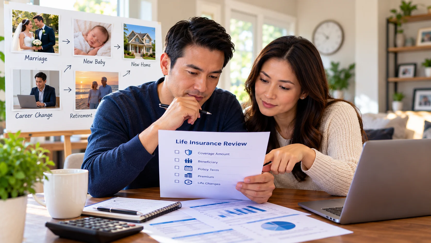 American family reviewing life insurance documents and planning an annual policy review together at home.