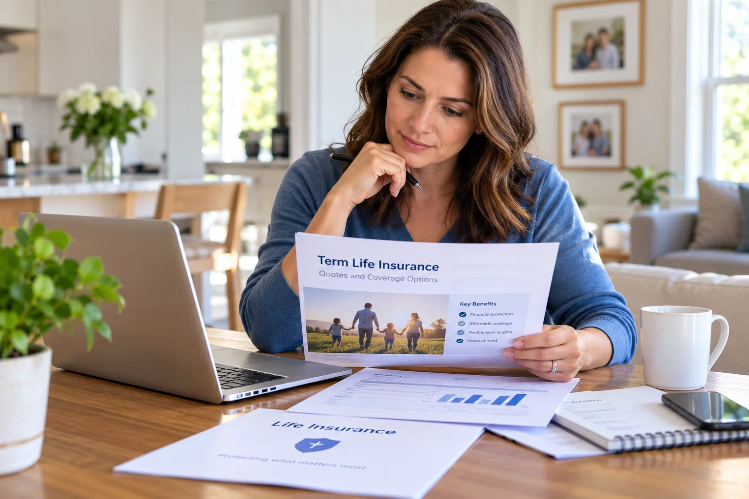 Woman reviewing life insurance pricing and policy documents at home.