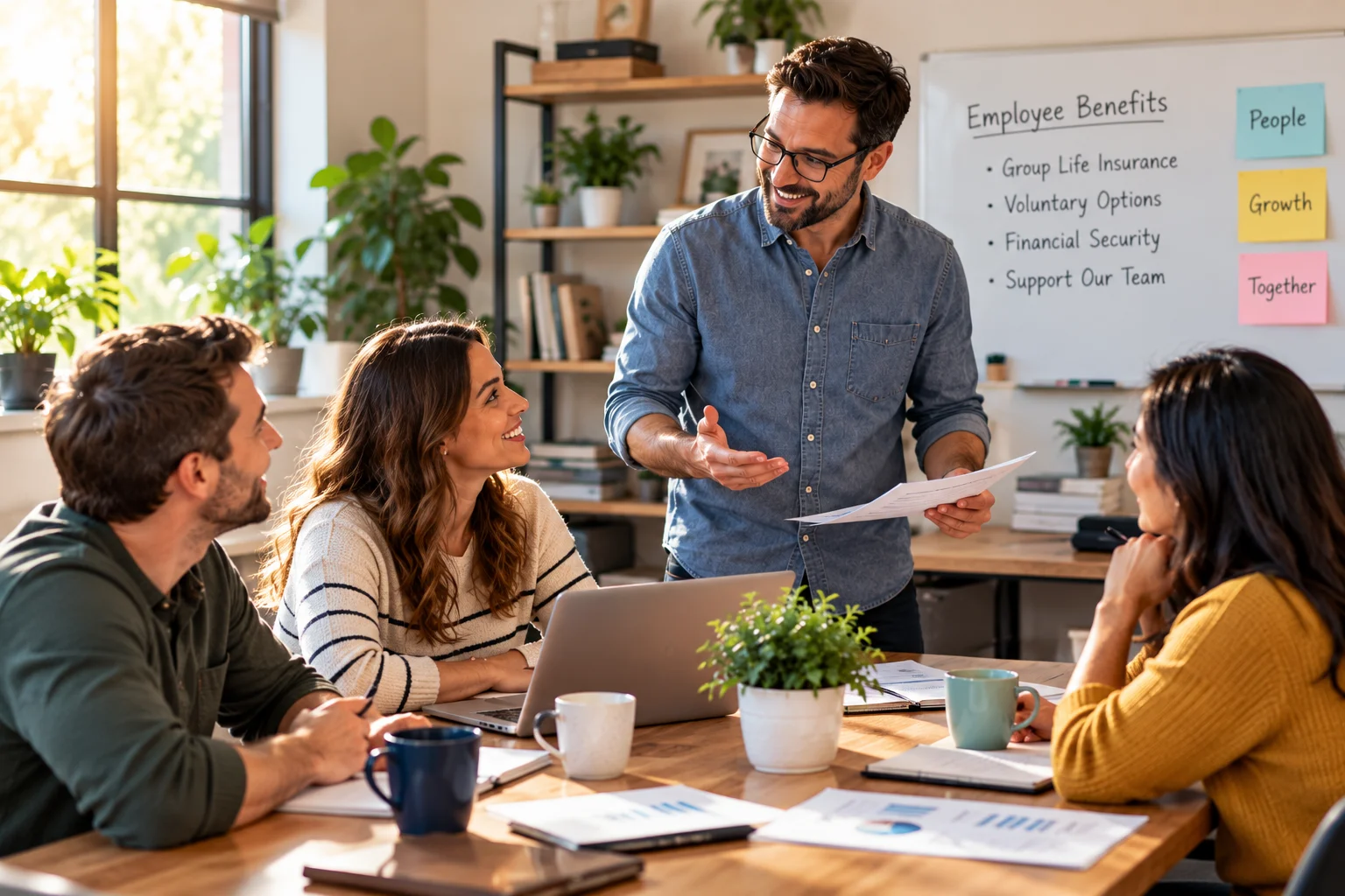 Small-business owner and employees discussing group life insurance benefits and employee financial protection in a modern office.