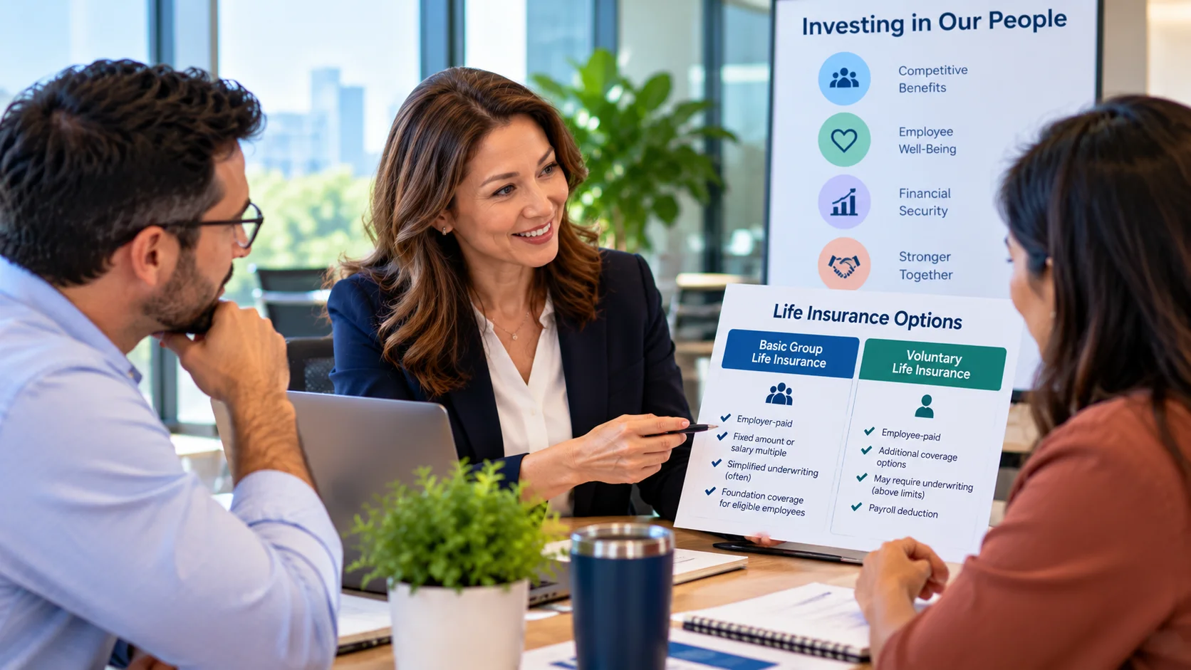 HR benefits specialist explaining basic group life insurance and voluntary life insurance options to employees.