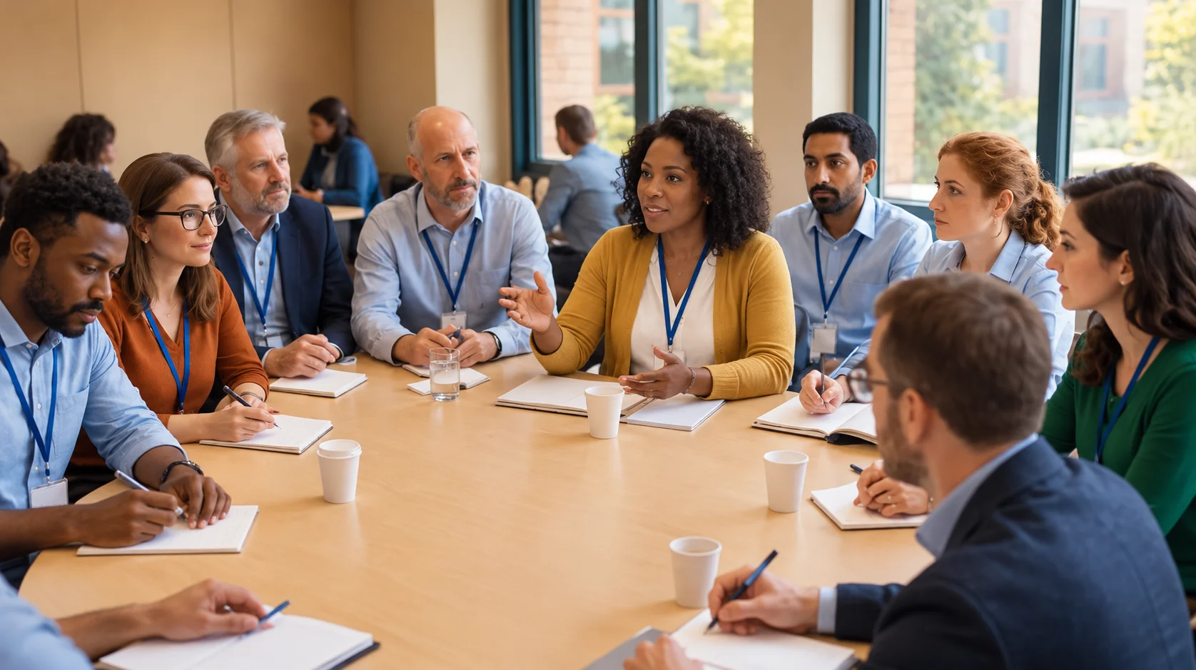 Professional association members discussing membership benefits and financial protection during a group meeting.