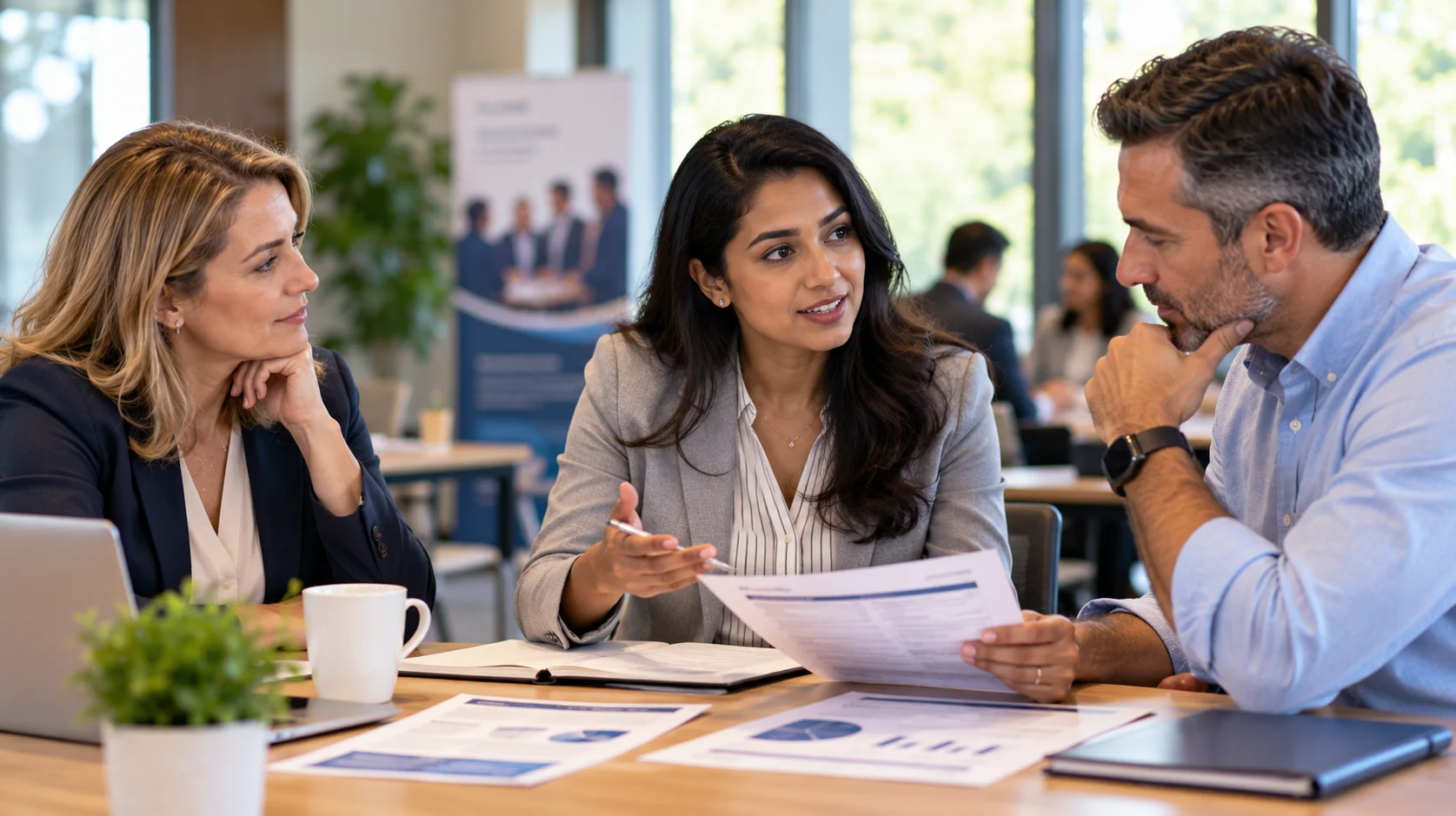 Professional association members comparing group and individual life insurance options during a benefits discussion.