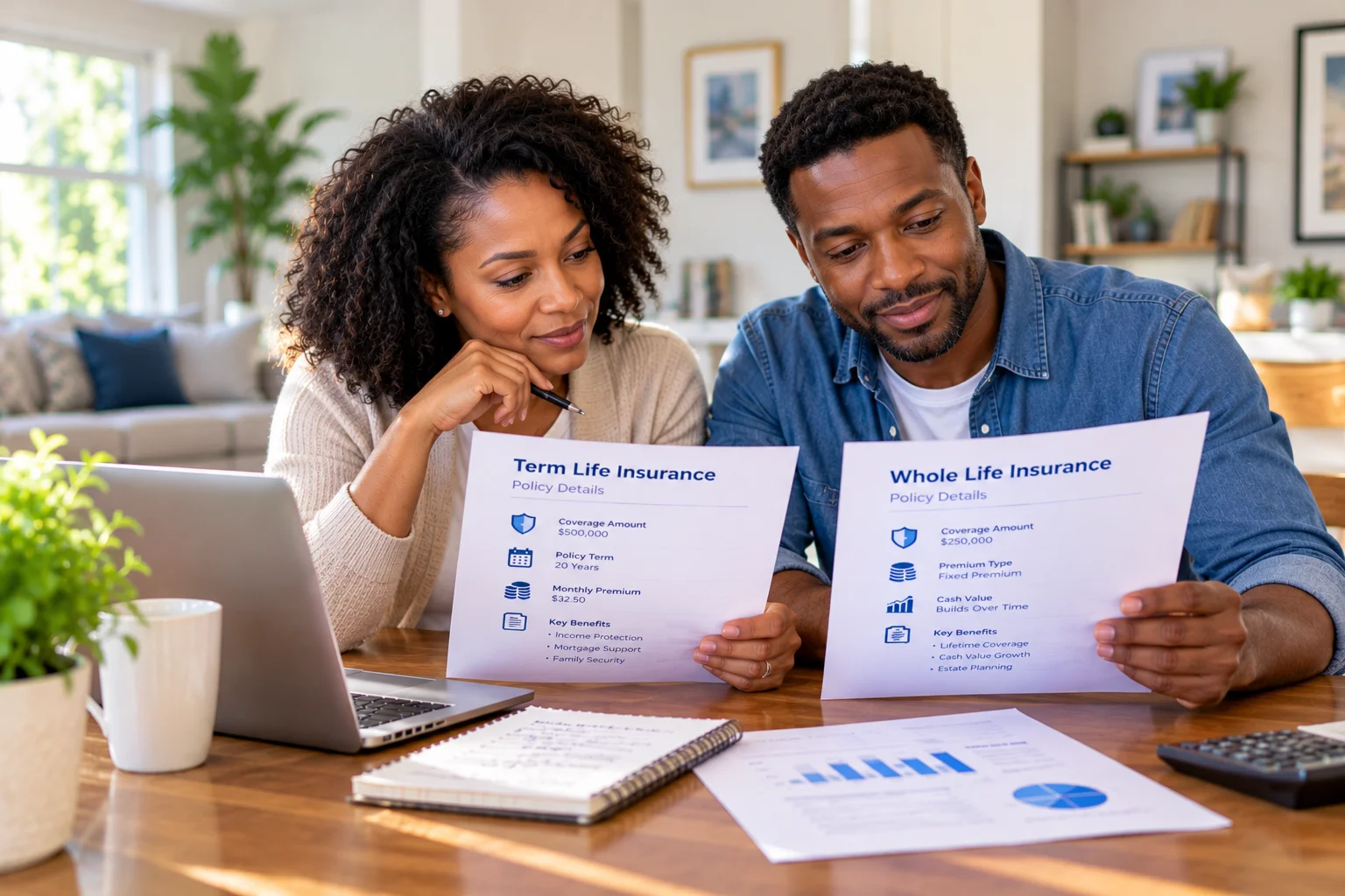 American couple comparing two life insurance policies at home to understand their combined coverage.