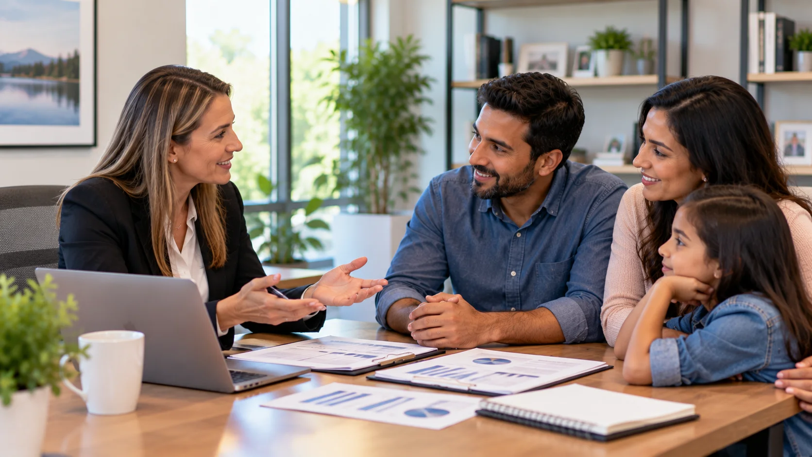 Independent life insurance agent educating a couple about family financial protection during a consultation.