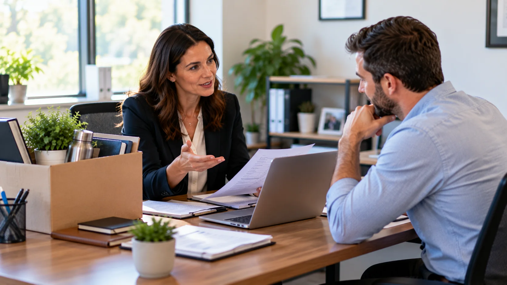 HR representative explaining life insurance continuation options to an employee leaving the company.