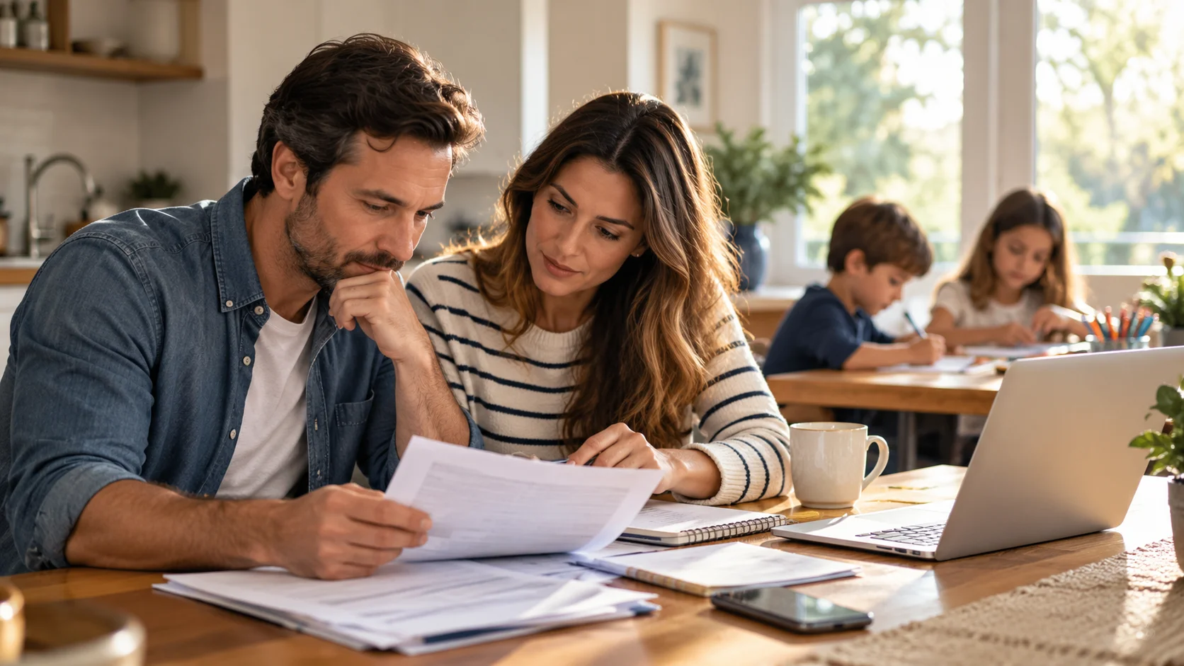 Parents reviewing household financial documents together at a kitchen table while their two children study nearby.