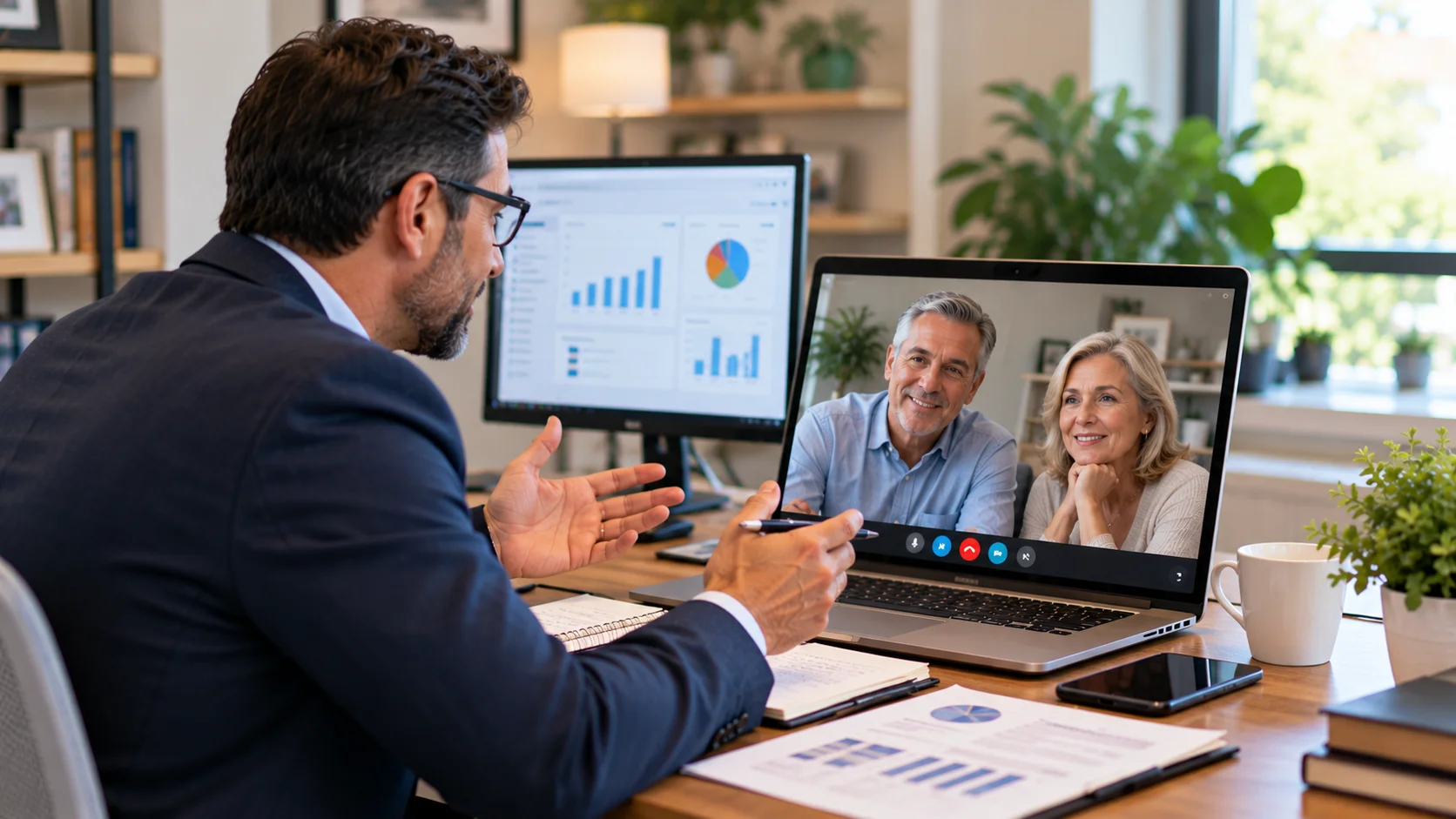 Independent life insurance agent using digital tools to discuss financial protection with clients during a virtual consultation.