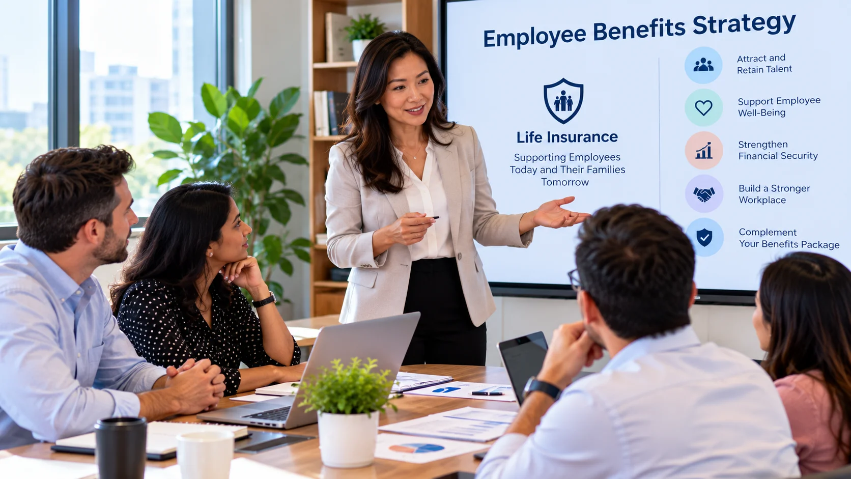 HR manager presenting a life insurance benefits strategy to employees in a modern office meeting.