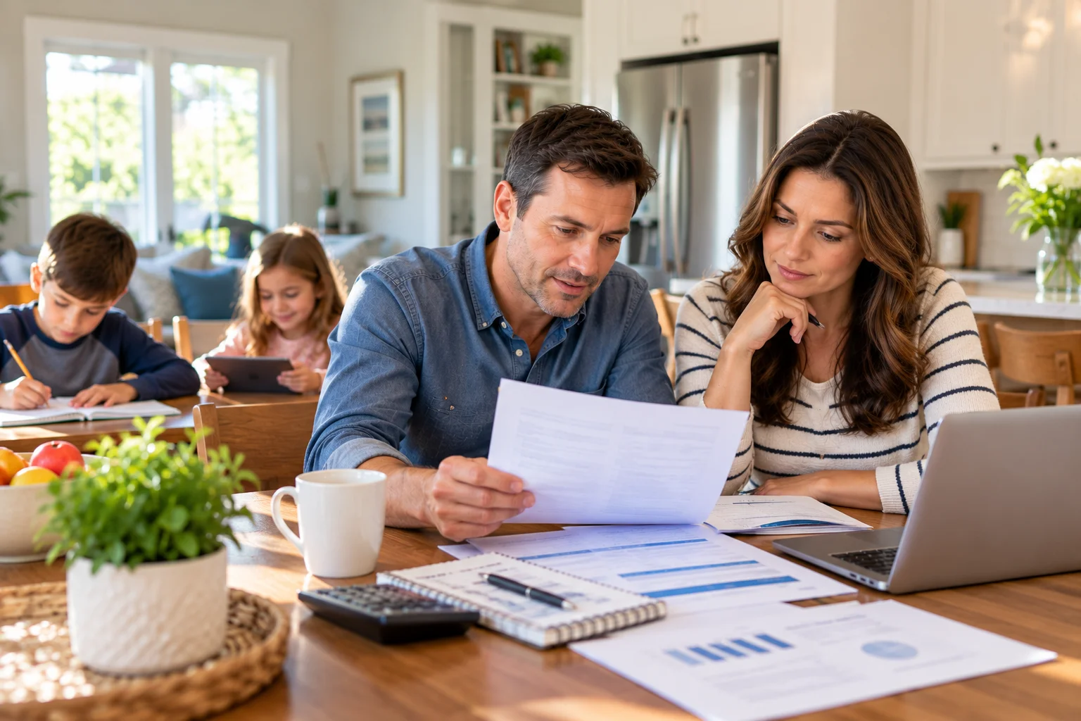 Parents reviewing household finances and life insurance coverage to identify potential family protection gaps.