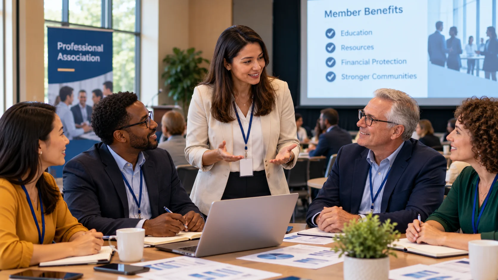Professional association administrators reviewing a streamlined member life insurance benefits program.