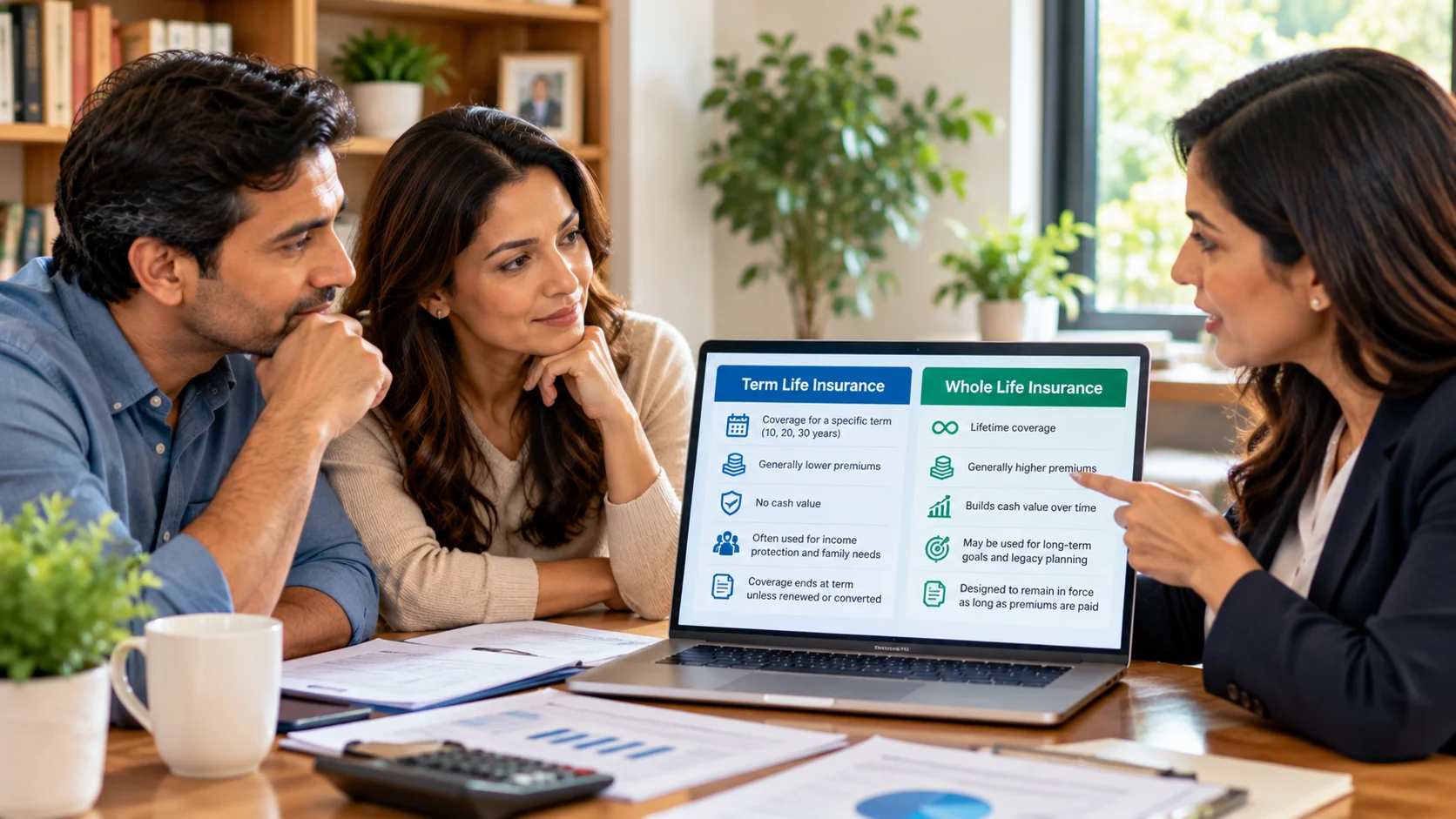 Couple discussing term life and whole life insurance options with an advisor while reviewing a comparison on a laptop