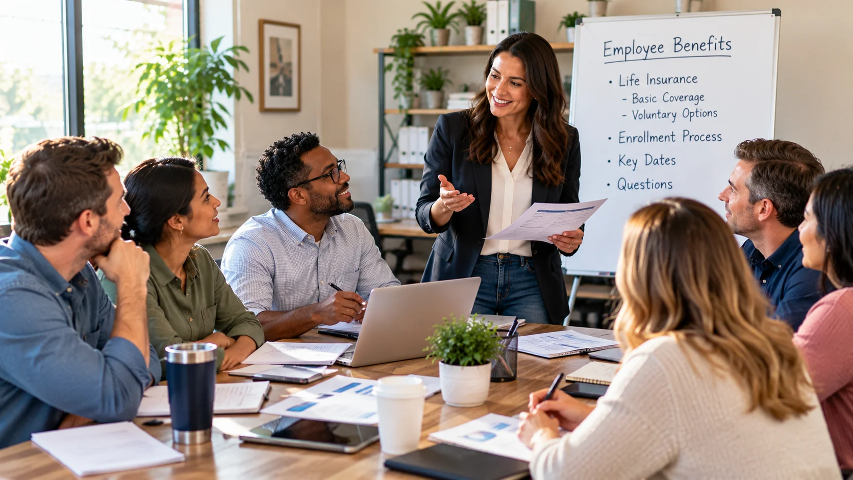 Small-business HR administrator discussing employee life insurance enrollment and benefits with a team.